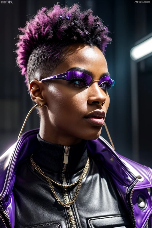 face close up, facing forward, posing for camera, photo realistic, facing forward, A closeup of a woman with a bright purple mohawk and sunglasses, Afrofuturism style latex punk jacket, mulher futurista da moda 4k , Afrofuturista, afro futurista, afrofuturismo, modelo bonito da mulher cyberpunk, afrofuturista, retrato futurista da mulher, alta moda cyberpunk, style hybrid mix of beeple, estilo cyberpunk hiper-realista, estilo cyberpunk ， hiper-realista, Trending Octane on CGSethance 8k