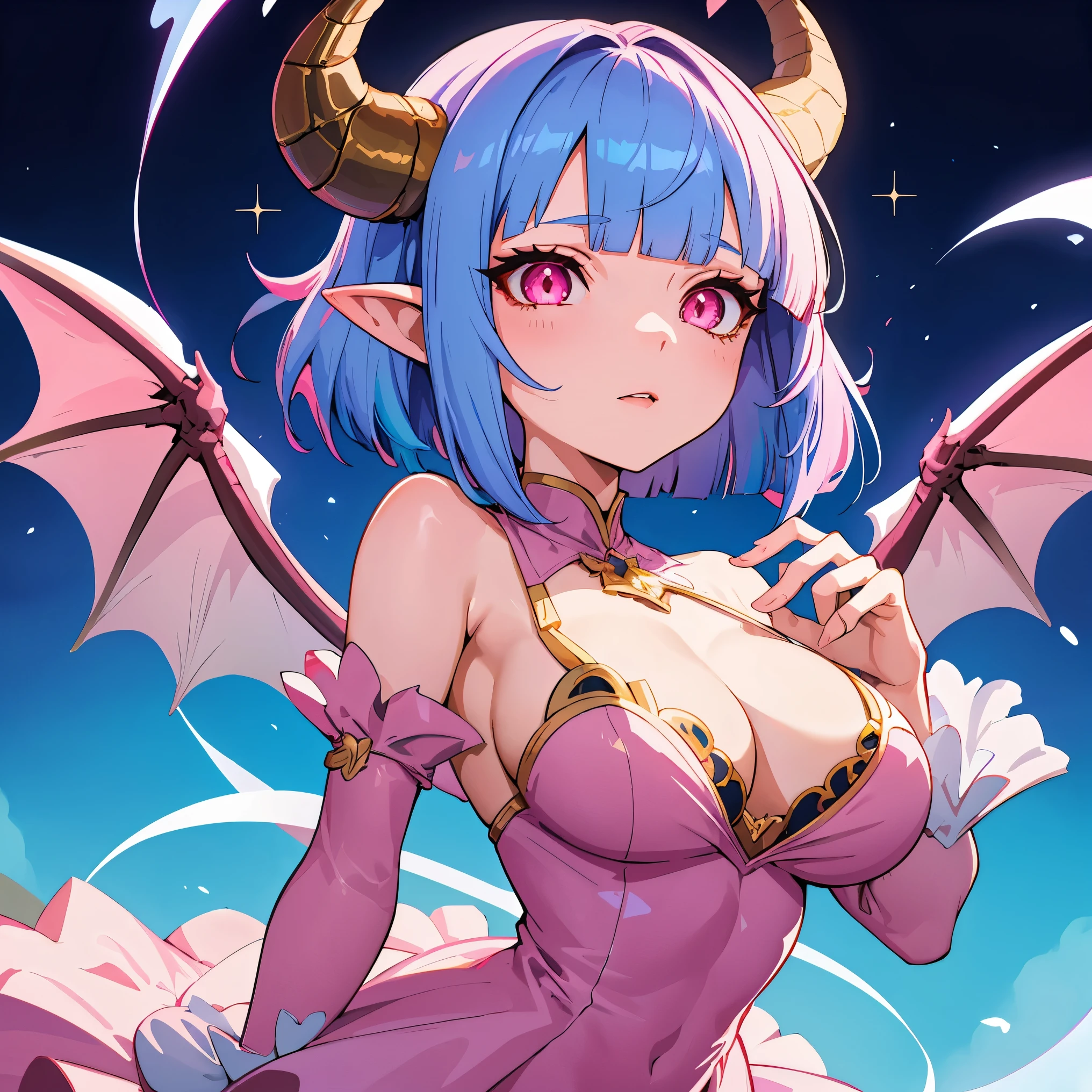 1girl, dragon girl, dragon horns, large breasts, dress, formal, cleavage, sparkling pink eyes, blue hair, simple background, pointy ears, short hair, sidelocks, blunt ends, upper body, (blunt bangs:1.3)