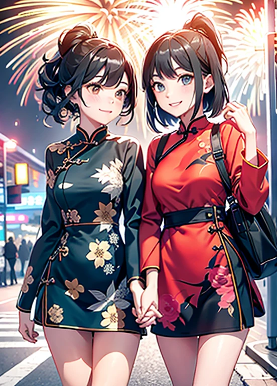 Two girls holding hands,night,lights,fireworks,wearing cheongsam,Tight cheongsam