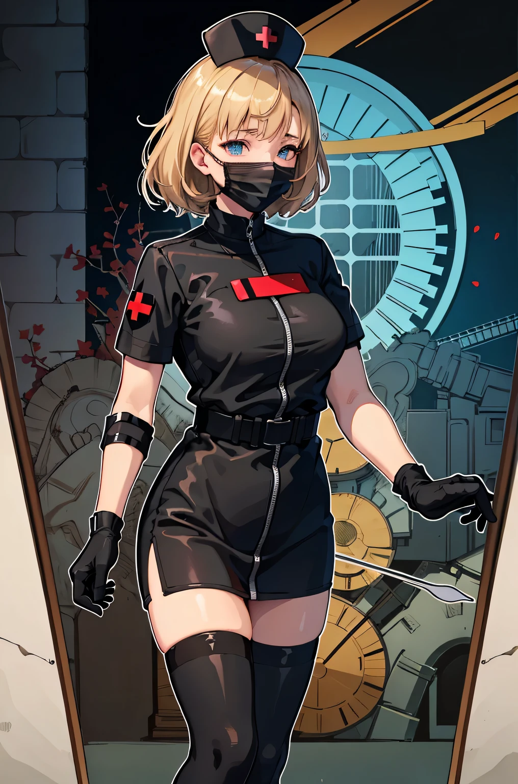black nurse, 1 female, alone, black nurse cap, Black nurse uniform, ((black legwear, zettai ryouiki)), black elbow gloves, blonde hair, blue eyes, ((Black surgical mask, Covered nose)), Are standing, ((operating room)), sharp outline, short sleeve, mature woman, 35 years old, highest quality, masterpiece