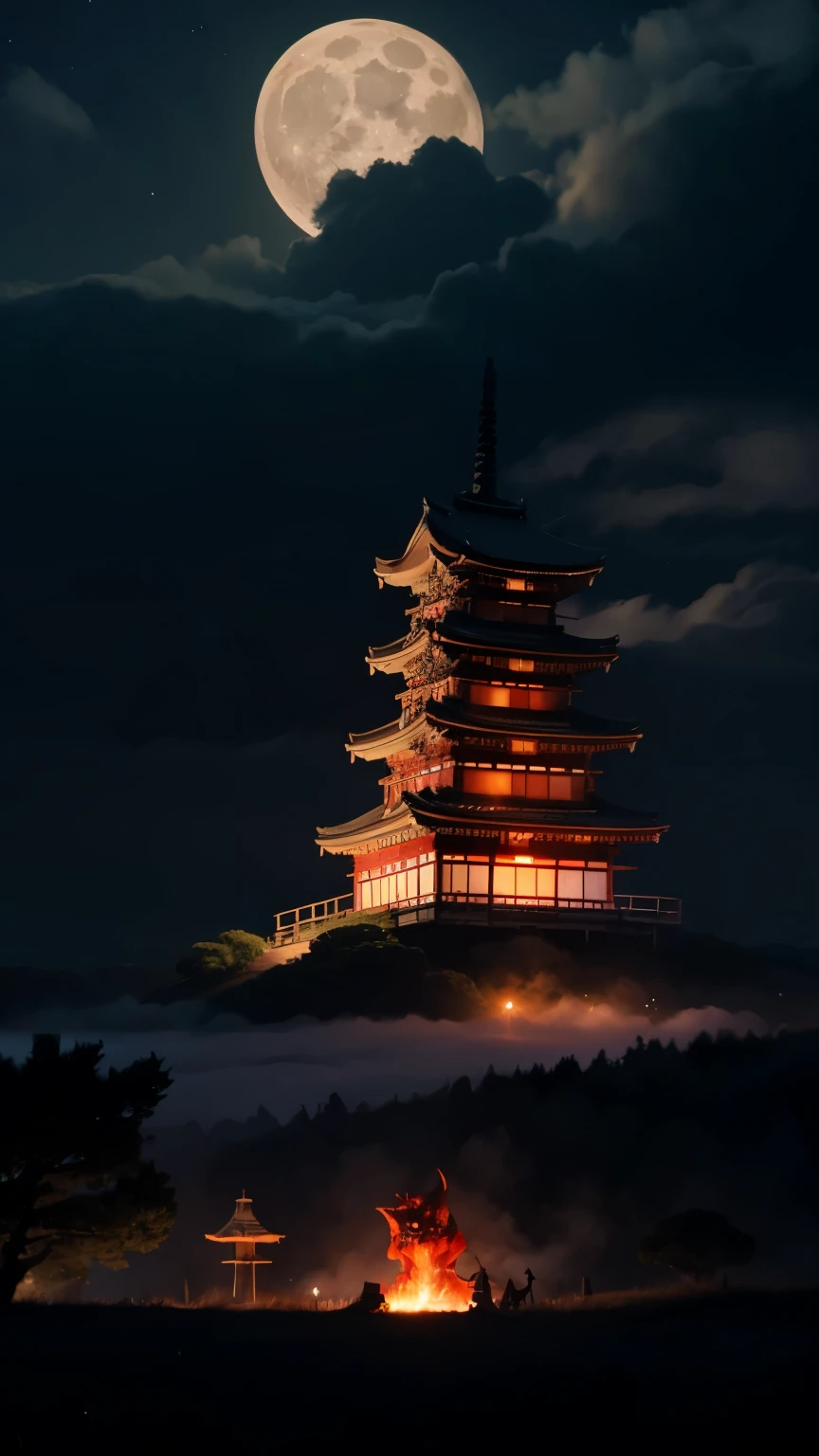 Don't go out late at night. They appear in a row with torches under the moonlight peeking through the clouds. giant bone monster, Red Devil, Heian-kyo, Japan folklore, Apparition, matrix,