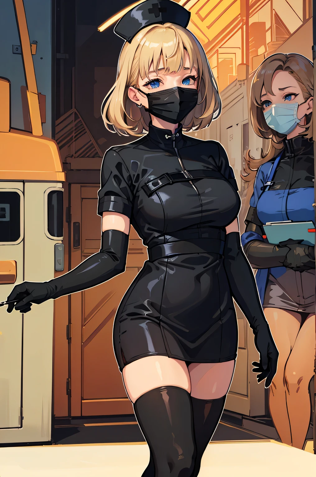 black nurse, 1 female, alone, black nurse cap, Black nurse uniform, ((black legwear, zettai ryouiki)), black elbow gloves, blonde hair, blue eyes, ((Black surgical mask, Covered nose)), Are standing, ((operating room)), sharp outline, short sleeve, mature woman, 35 years old, highest quality, masterpiece