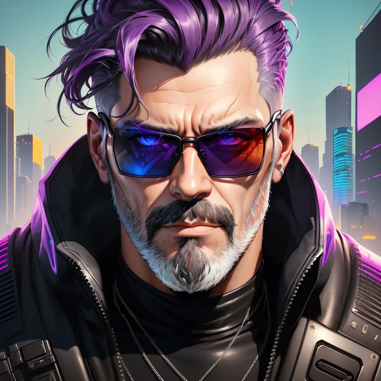 a man with short dark hair and grey beard and sunglasses, cyberpunk art, funk art, stunning gradient colors, stylized portrait h 704, pompadour, twitch streamer, cold colors. insanely detailed, t-800, no watermark signature, in rich color, outrun