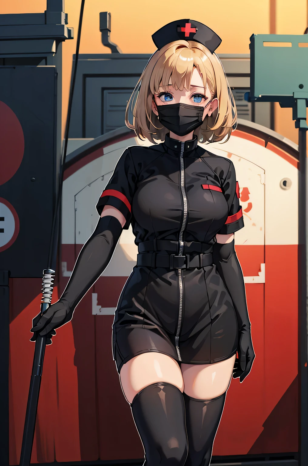 black nurse, 1 female, alone, black nurse cap, Black nurse uniform, ((black legwear, zettai ryouiki)), black elbow gloves, blonde hair, blue eyes, ((Black surgical mask, Covered nose)), Are standing, ((operating room)), sharp outline, short sleeve, mature woman, 35 years old, highest quality, masterpiece