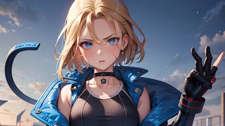 masterpiece, highest quality, High resolution, 1 girl, cammy white, short hair, antenna hair, blue eyes, Scar on left cheek, black choker, clavicle, blue jacket, cropped jacket, open jacket, play sports often, abdomen, fingerless gloves, black gloves, black pants, Navel exposed , Black cat , surprised