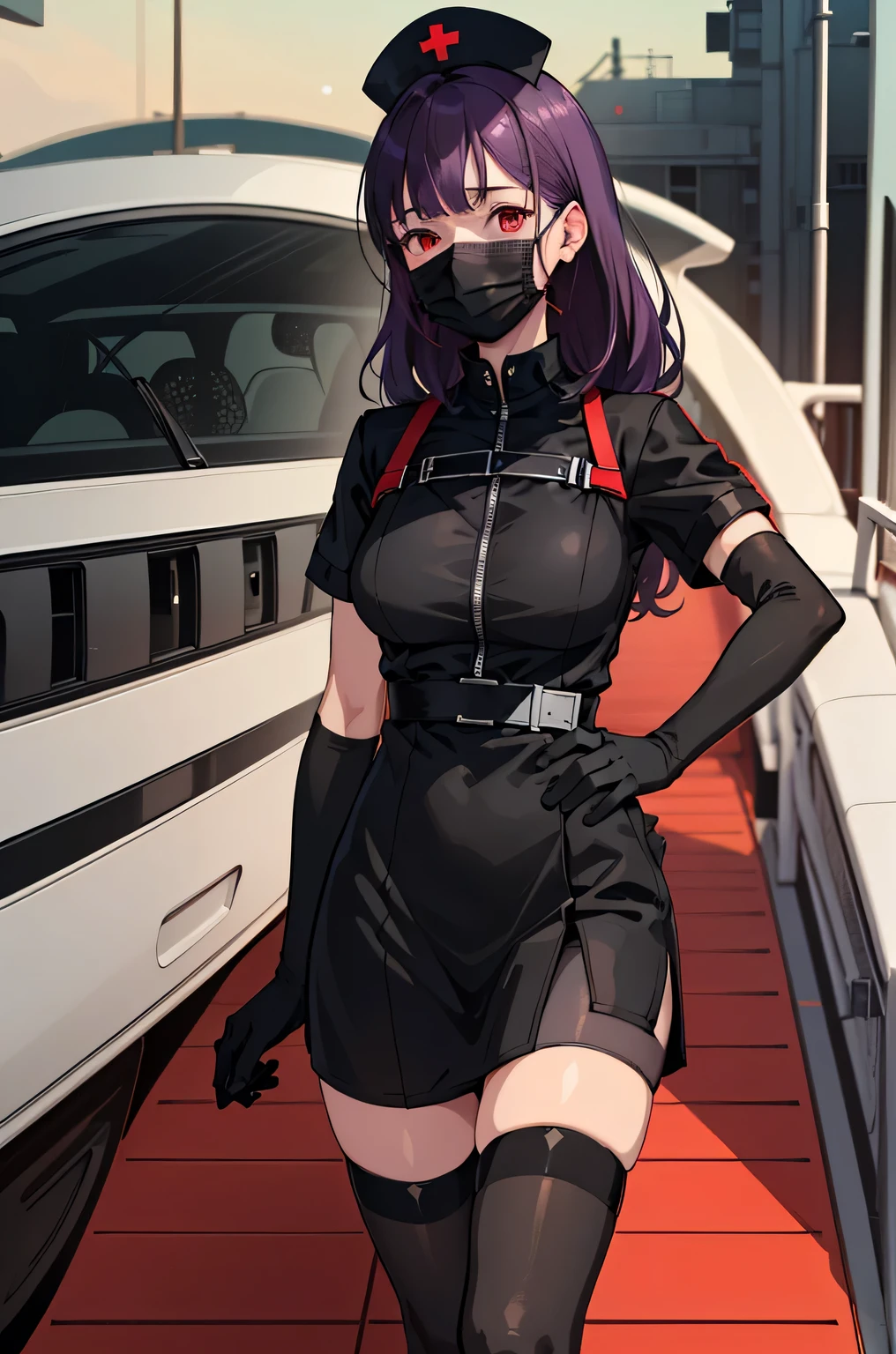 black nurse, 1 female, alone, black nurse cap, Black nurse uniform, ((black legwear, zettai ryouiki)), black elbow gloves, long hair, purple hair, red eyes, ((Black surgical mask, Covered nose)), Are standing, ((operating room)), sharp outline, short sleeve, mature woman, 35 years old, highest quality, masterpiece