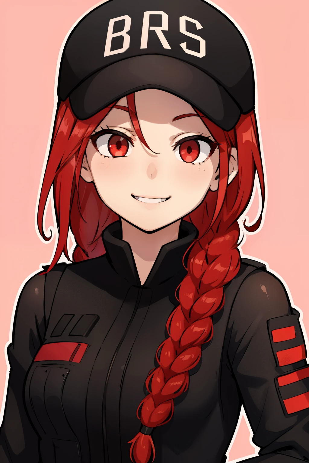 1girl, jumping hole, baseball cap, red braid hair, close up face, black suit, red eyes, shy smile
