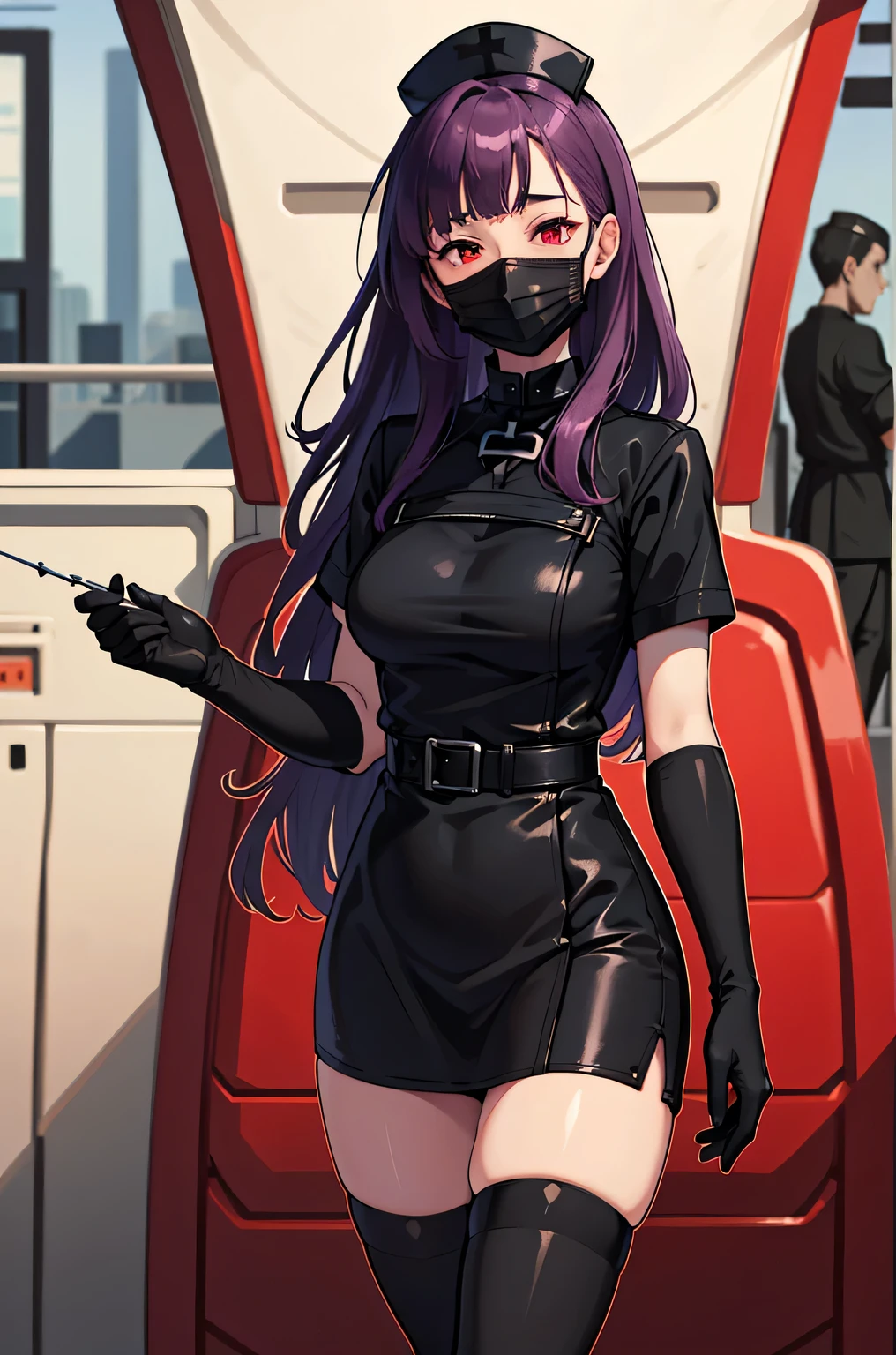 black nurse, 1 female, alone, black nurse cap, Black nurse uniform, ((black legwear, zettai ryouiki)), black elbow gloves, long hair, purple hair, red eyes, ((Black surgical mask, Covered nose)), Are standing, ((operating room)), sharp outline, short sleeve, mature woman, 35 years old, highest quality, masterpiece