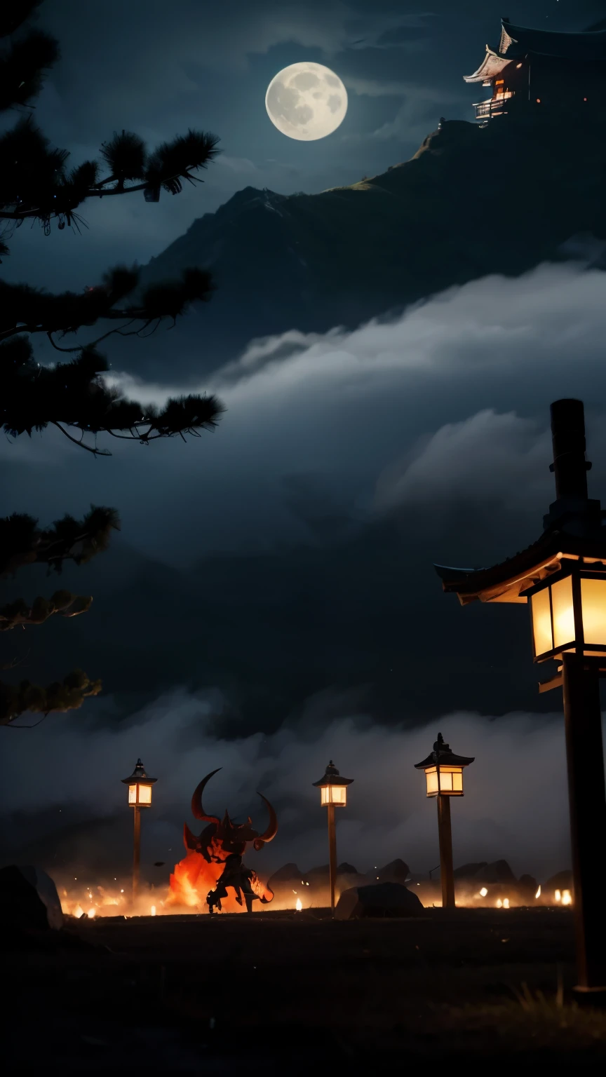 Don't go out late at night. They appear in a row with torches under the moonlight peeking through the clouds. giant bone monster, Red Devil, Heian-kyo, Japan folklore, Apparition, matrix,