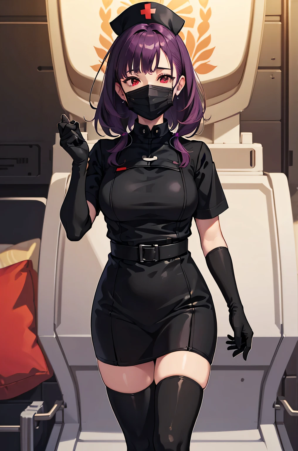 black nurse, 1 female, alone, black nurse cap, Black nurse uniform, ((black legwear, zettai ryouiki)), black elbow gloves, long hair, purple hair, red eyes, ((Black surgical mask, Covered nose)), Are standing, ((operating room)), sharp outline, short sleeve, mature woman, 35 years old, highest quality, masterpiece