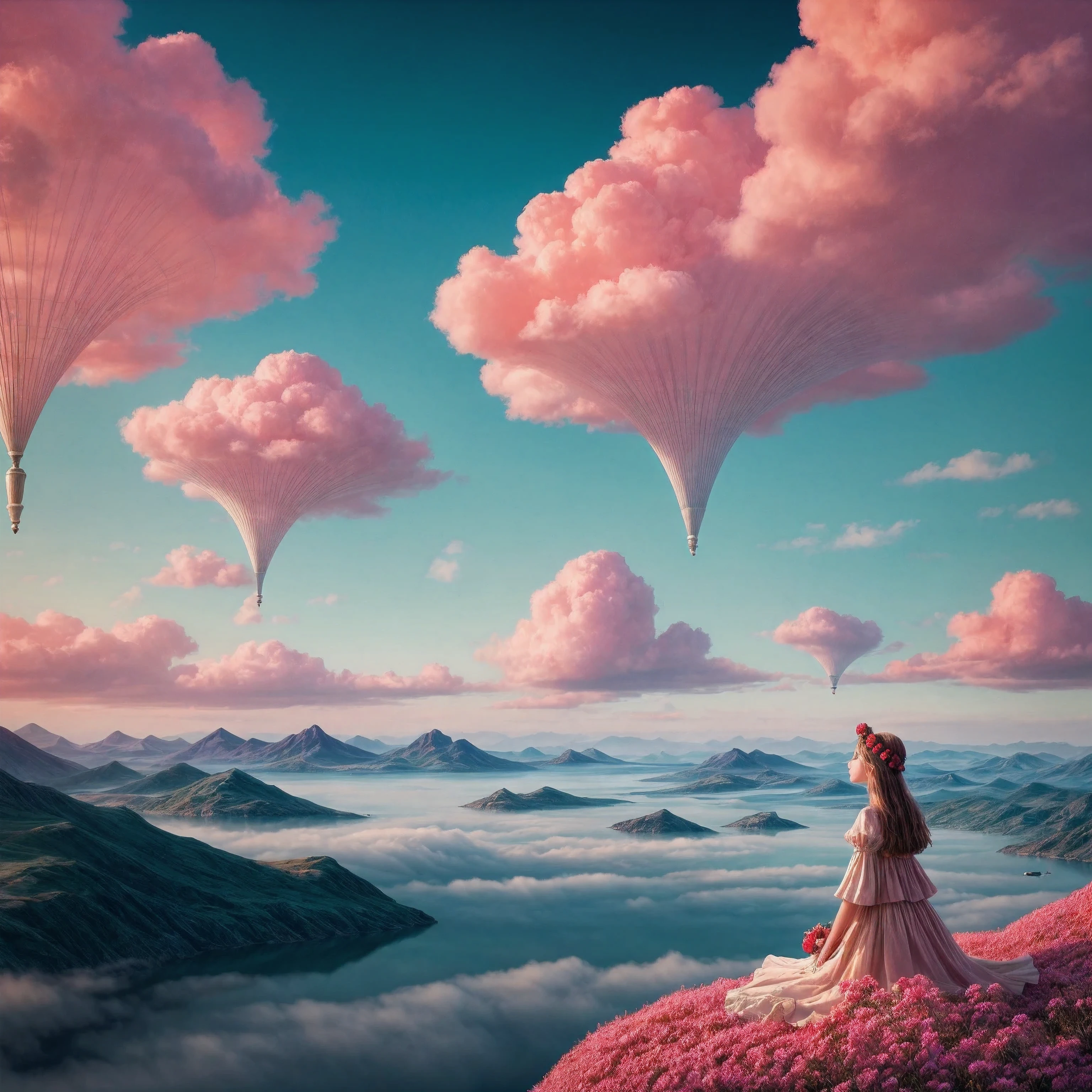 "A whimsical scene unfolds as we see a girl donning rose-colored glasses, exploring a dreamlike world. The background is a surreal landscape with floating islands and pastel-colored clouds. The art style draws inspiration from the dreamy illustrations of Mary Blair and the playful imagination of Studio Ghibli films. The camera angle is a low-angle shot, capturing the vastness of the imaginative world and the girl's sense of wonder. The image should be rendered with vivid, fantasy colors, and the glasses should emit a soft, magical glow. The resolution should be 4K to maintain a balance between detail and artistic expression."
