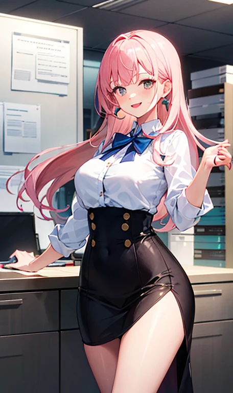 ((masterpiece, best)),(1girl),((mature woman)), light pink hair, dizzy, trumpet, ((office lady)), bangs, mid-chest, (full), slim, smiling, [wide hips] ,office,standing, aru \(blue archive\),