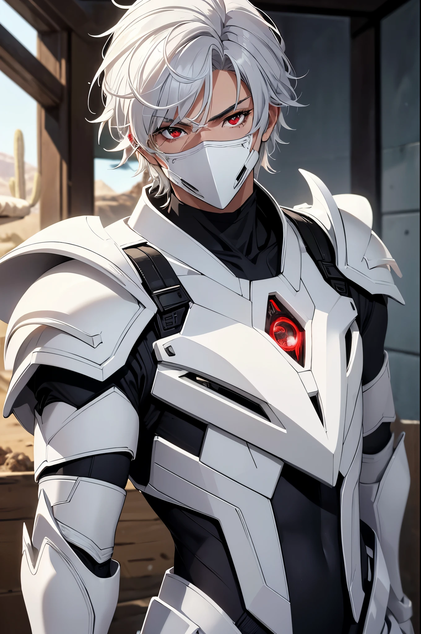 (masterpiece, Best Quality, absurdres, 8K resolution), cinematic lighting, raytracing, depth of field, Hyper Detailed, ((Solo Boy)), Handsome, libido boy, white silver hair, detailed red eyes, (((white armor, science fiction))), (((background desert))),(neonlight, Vibrant glow, Dynamic color, Vivid Contrast, shiny reflective surfaces), cowboy shot, looking at viewer, upper body, mask