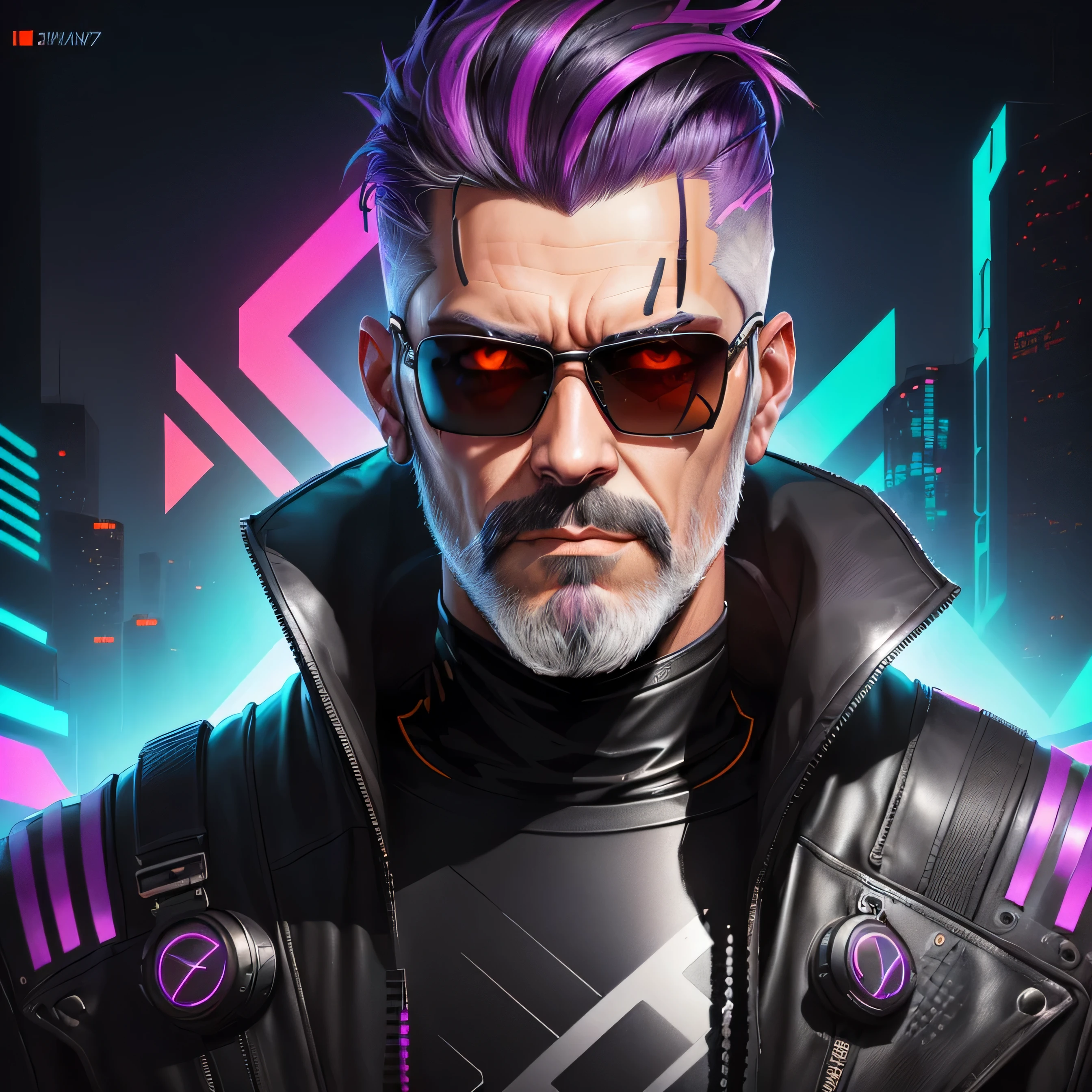 a man with short dark hair and grey beard and sunglasses, cyberpunk art, funk art, stunning gradient colors, stylized portrait h 704, pompadour, twitch streamer, cold colors. insanely detailed, t-800, no watermark signature, in rich color, outrun