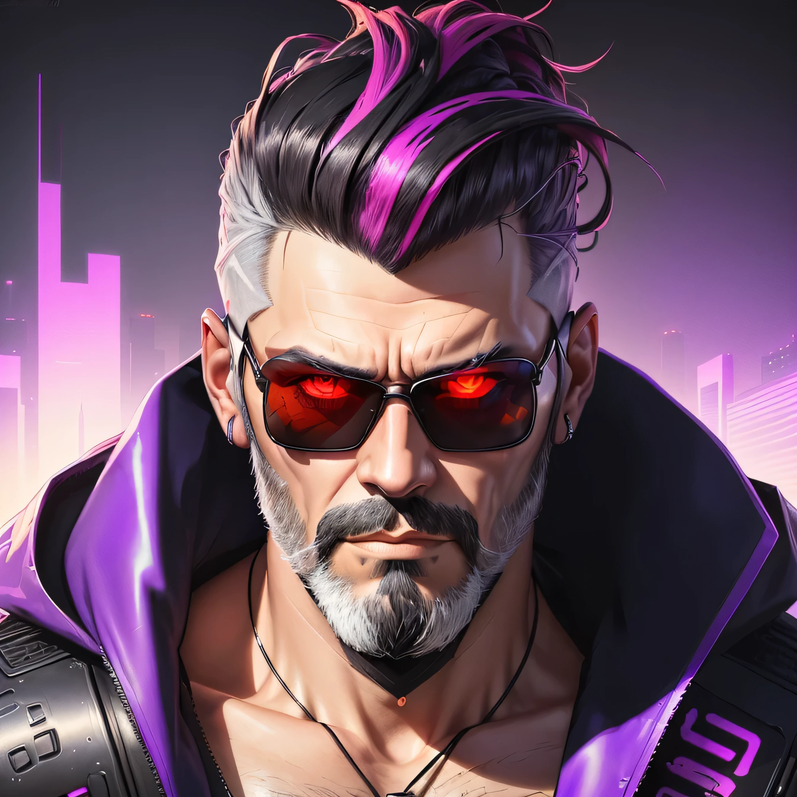 a man with dark hair and grey beard and sunglasses, cyberpunk art, funk art, stunning gradient colors, stylized portrait h 704, pompadour, twitch streamer, cold colors. insanely detailed, t-800, no watermark signature, in rich color, outrun