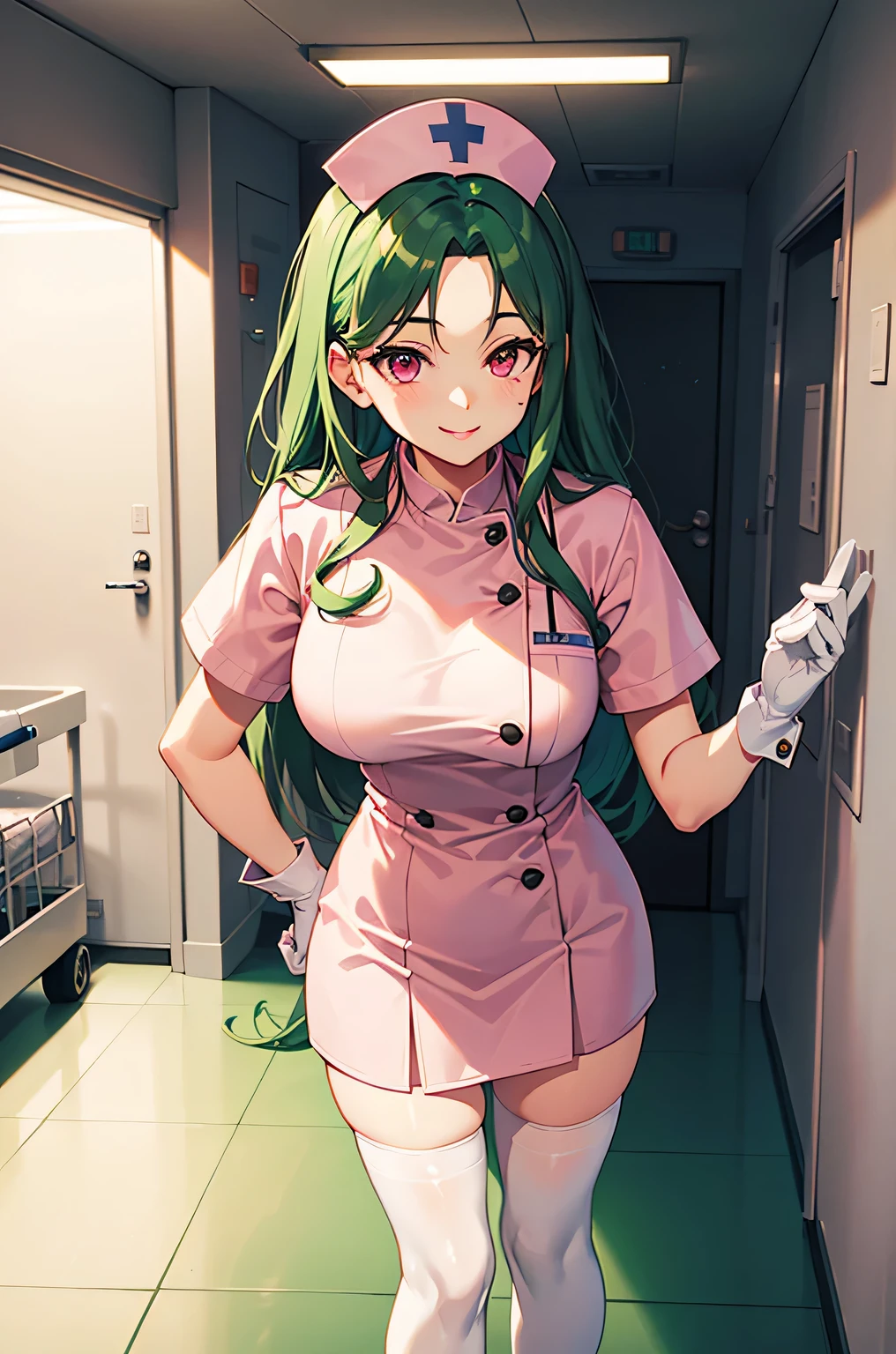 1 female, alone, nurse, nurse cap, White nurse uniform, ((white legwear, zettai ryouiki)), white gloves, amount, long hair, green hair, pink eyes, pink lips, smile, Are standing, ((hospital room)), sharp outline, short sleeve, mature woman, 35 years old, highest quality, masterpiece