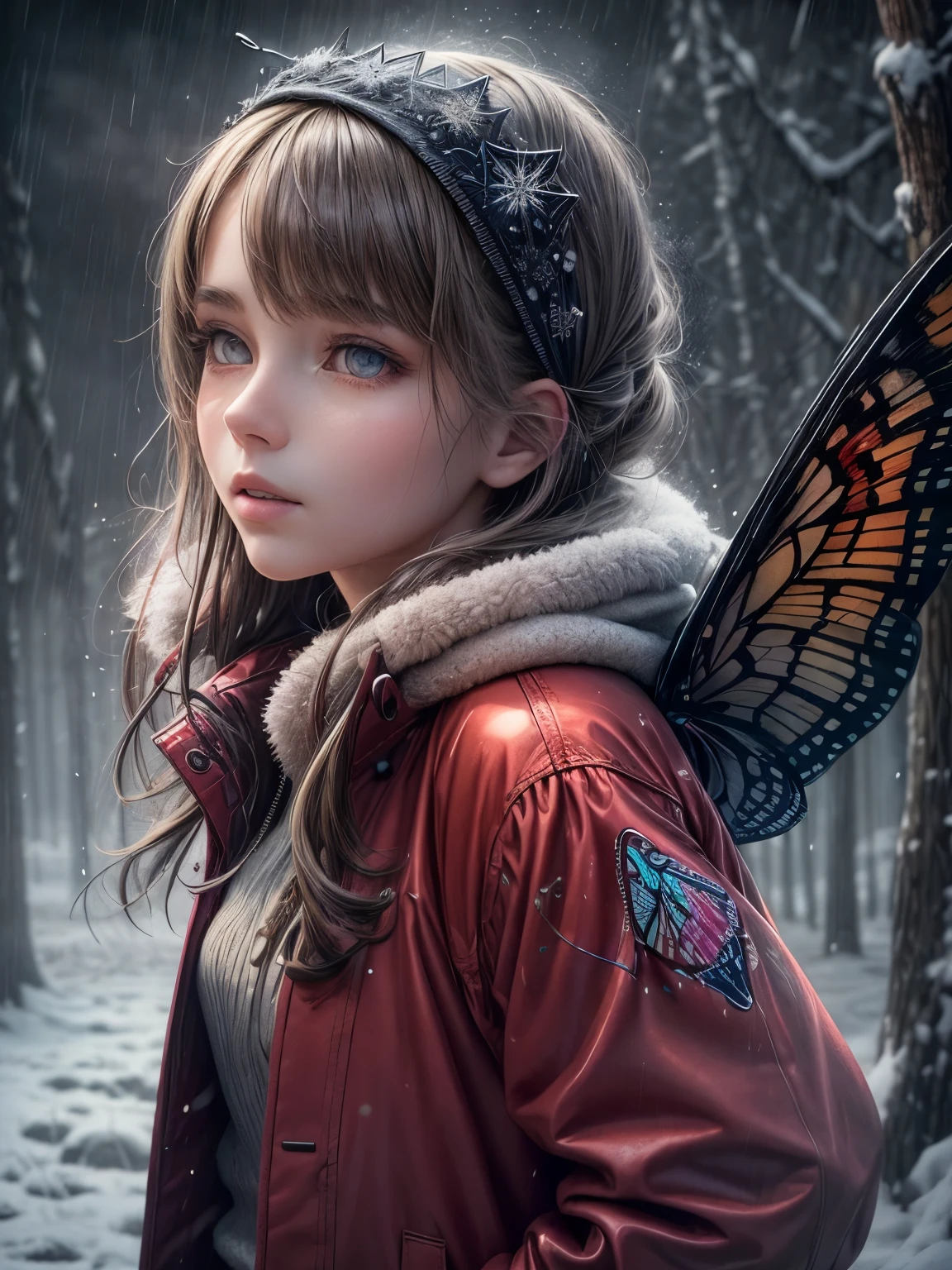 (best quality,ultra-detailed,realistic:1.37),A girl in a snowy rain,moths fluttering around her,wearing a vibrant red jacket,exquisite eyes and lips,smoking a cigarette,smoke swirling around her.Passingby people stepping on crushed cigarettes. Material: Oil painting. Additional details: The snowflakes and raindrops gently falling from the dark sky, forming a surreal atmosphere. The girl's jacket is made of soft wool, with intricate patterns and bright colors. The moths are delicate and ephemeral, their wings covered in intricate patterns. The cigarette smoke dances gracefully in the cold air, creating a mesmerizing spectacle. High-quality lighting illuminates the scene, highlighting the girl's features and the ethereal surroundings. The overall color palette is dominated by cool tones, reflecting the wintry scene.