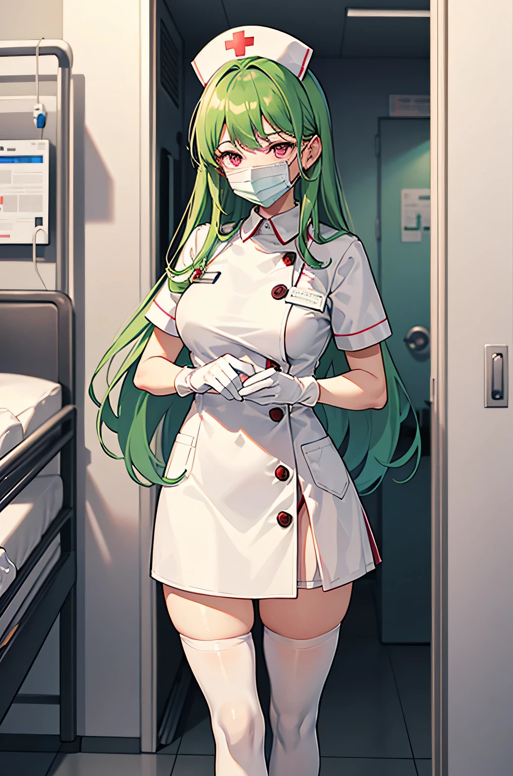 1 female, alone, nurse, nurse cap, White nurse uniform, ((white legwear, zettai ryouiki)), white gloves, amount, long hair, green hair, pink eyes, ((White surgical mask, Covered nose)), Are standing, ((hospital room)), sharp outline, short sleeve, mature woman, 35 years old, highest quality, masterpiece