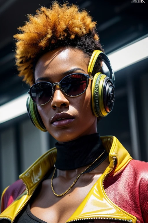 masterpiece, face close up, facing forward, posing for camera, photo realistic, facing forward, A closeup of a woman with a bright green mohawk and red sunglasses, Afrofuturism style latex yellow punk jacket, mulher futurista da moda 4k , Afrofuturista, afro futurista, afrofuturismo, modelo bonito da mulher cyberpunk, afrofuturista, retrato futurista da mulher, alta moda cyberpunk, style hybrid mix of beeple, estilo cyberpunk hiper-realista, estilo cyberpunk , hiper-realista, Trending Octane on CGSethance 8k, (best quality,4k,8k,highres,masterpiece:1.2),ultra-detailed,(realistic,photorealistic,photo-realistic:1.37),vivid colors,HDR,UHD,stunning lighting,elegant composition,meticulous attention to detail,professional,creative expression,sophisticated,artful,modern masterpiece.