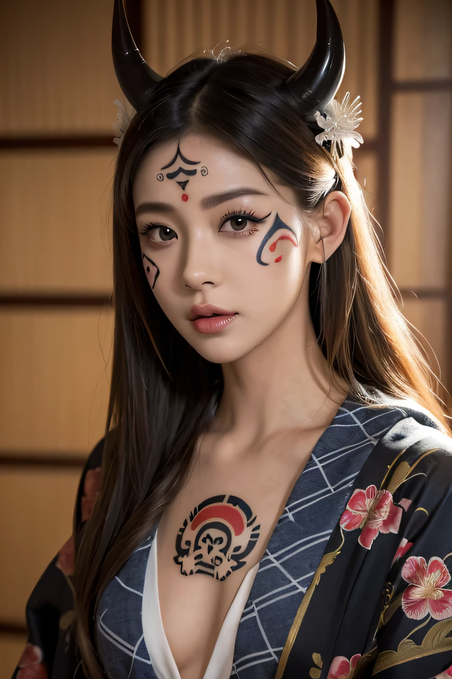 (masterpiece:1.2), ultra detailed, ultra high res, (realistic, photo realistic:1.37), high detail RAW color photo, professional photograph, extremely detailed face, extremely detailed eyes, extremely detailed skin, extremely detailed fingers, highly detailed nose, highly detail mouth, Perfect Anatomy, Highly detailed background, (famous actress of Japan:1.2), (gyaru:1.2), (flat chest), brown race, dark skin, (a girl in patterned kimono, (face tattoo), (small oni horn), full body, split in half