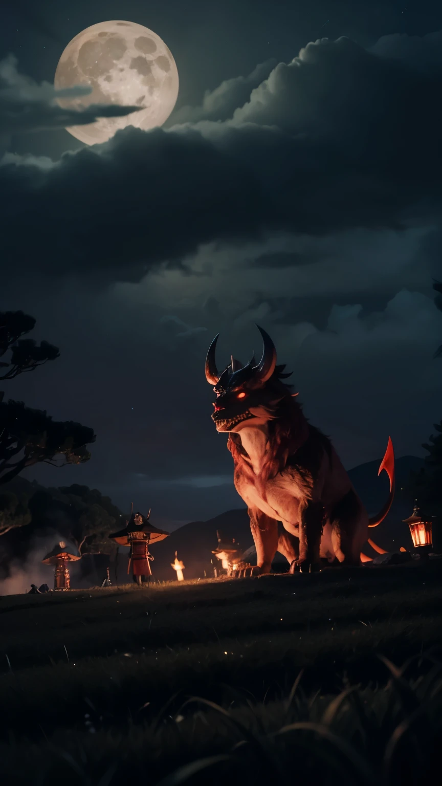 Don't go out late at night. They appear in a row with torches under the moonlight peeking through the clouds. giant bone monster, Red Devil, Heian-kyo, Japan folklore, Apparition, matrix,