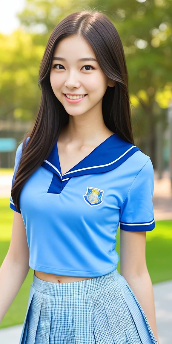 Neat female college student, , (school uniform, summer clothes, short sleeve), outside the playground, (slim), realistic, detailed, skin texture, ultra detailed, delicate sexy clavicle, smile, super detaileded face, detaileded lips, detaileded eyes, small breasts,flat chest, thin waist