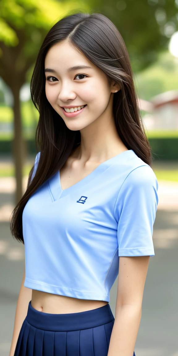 Neat female college student, , (school uniform, summer clothes, short sleeve), outside the playground, (slim), realistic, detailed, skin texture, ultra detailed, delicate sexy clavicle, smile, super detaileded face, detaileded lips, detaileded eyes, small breasts,flat chest, thin waist