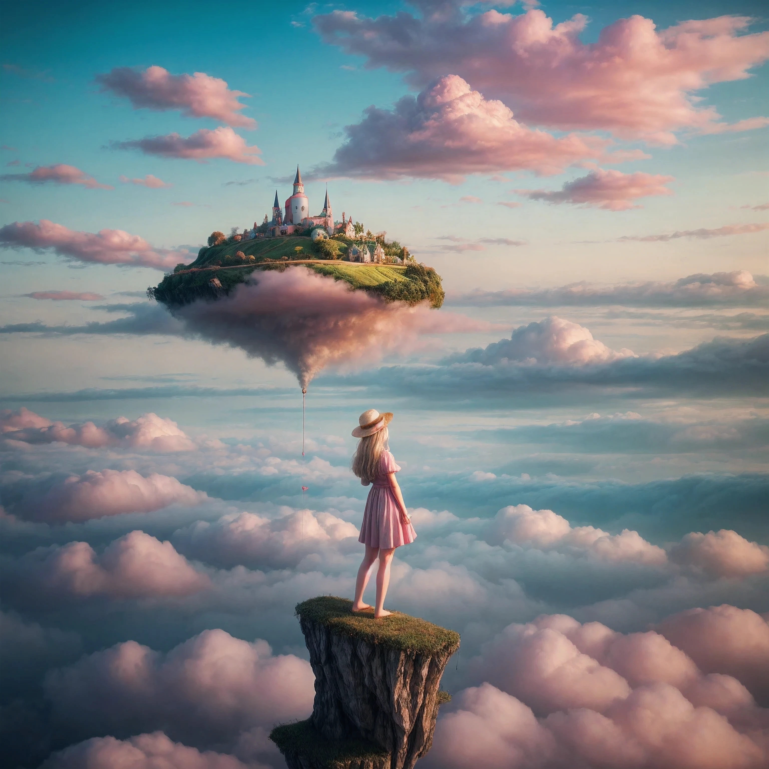 "A whimsical scene unfolds as we see a girl donning rose-colored glasses, exploring a dreamlike world. The background is a surreal landscape with floating islands and pastel-colored clouds. The art style draws inspiration from the dreamy illustrations of Mary Blair and the playful imagination of Studio Ghibli films. The camera angle is a low-angle shot, capturing the vastness of the imaginative world and the girl's sense of wonder. The image should be rendered with vivid, fantasy colors, and the glasses should emit a soft, magical glow. The resolution should be 4K to maintain a balance between detail and artistic expression."