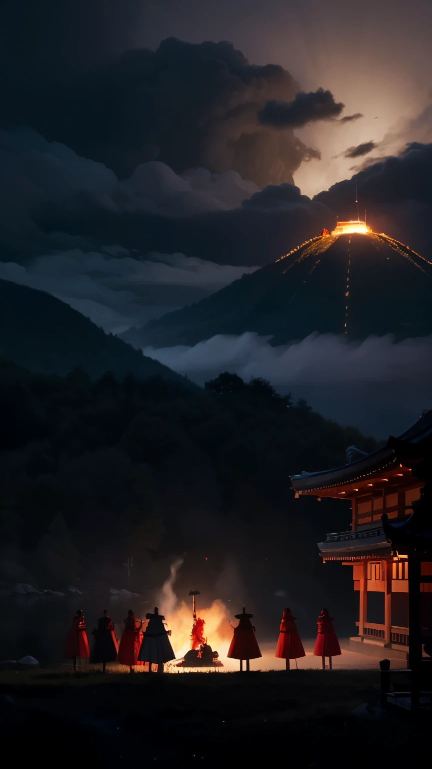 Don't go out late at night. They appear in a row with torches under the moonlight peeking through the clouds. giant bone monster, Red Devil, Heian-kyo, Japan folklore, Apparition, matrix,