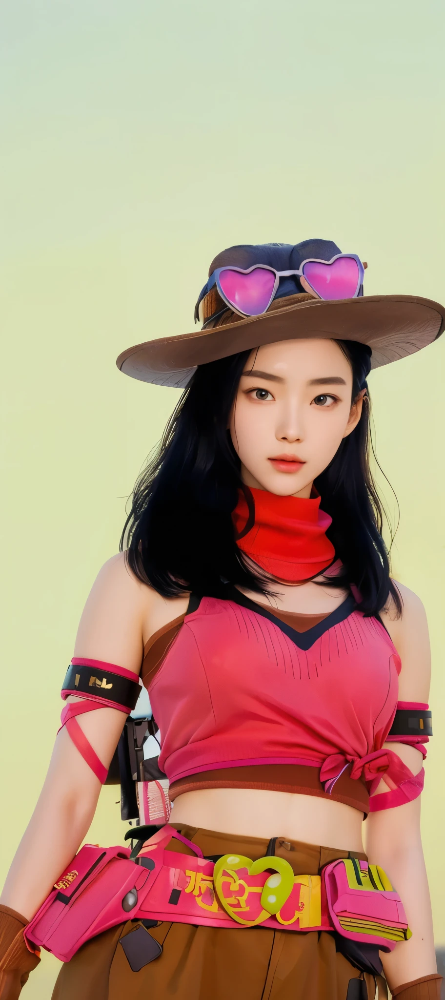 Real life adaption of this character, Korean beauty face, wear realistic same outfit, realistic background,realistic light, realistic shadow, realism, hyper realistic,(photorealistic 1:2)