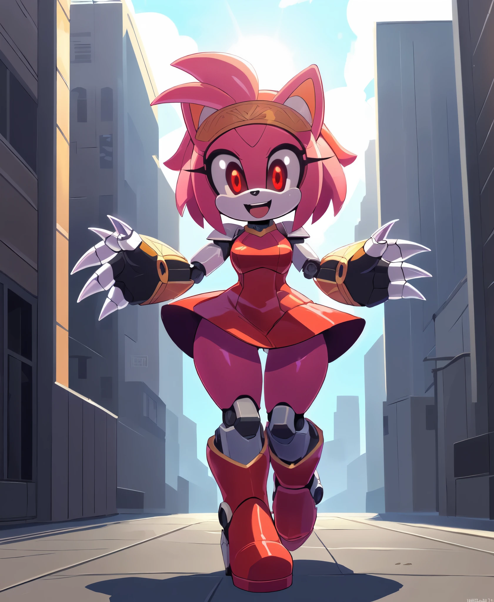 [Amy Rose], [sonic the hedgehog \(series\)], [Uploaded to e621.net; (Pixelsketcher), (wamudraws), (napalm_express)], ((masterpiece)), ((HD)), ((high quality)), ((solo portrait)), ((front view)), ((full body)), ((detailed fur)), ((detailed shading)), ((cel shading)), ((beautiful render art)), ((intricate details)), {anthro, (slim figure), (pink fur), black nose, animal ears, cute green eyes, short hair, headband, short tail, (gorgeous hips), (beautiful legs), (excited smile), (mouth open)}, {(short red dress white lining), (red knee-high boots), (white stripes on boots)}, {(standing), (arms behind back), (pigeon-toed), (looking at viewer)}, [background; (city), (blue sky), (sun rays)],, robot, mechanical parts, black sclera, red eyes, robot joints, metal claws,, robot girl, mecha, detached limbs, detached arms, detached legs, mechanical parts,, android, 1girl, metal skin, shiny skin, metal clothes, armored dress