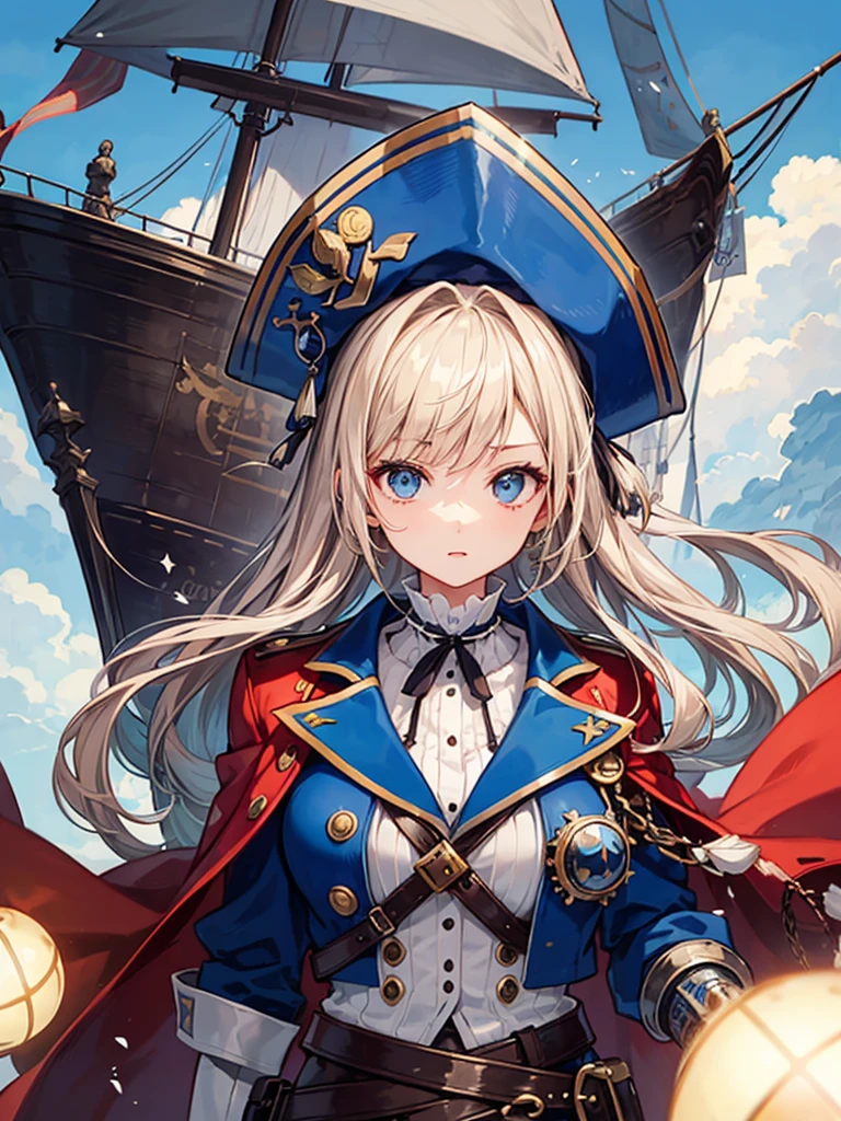 (((masterpiece、Highest image quality、highest quality、highly detailed unity 8kwallpaper)))、((Illustration of one girl、upper body))、(((beautiful girl)))、(fantasy、female pirate)、(blonde、short ponytail:1.2、light blue eyes)、(((Steampunk-style right arm prosthesis)))、((tall))、bulky figure, massive frame, thick neck, sturdy arms, powerful legs、(captain's suit、Pirate hat、Blue coat)、pirate shipのデッキ、pirate ship
