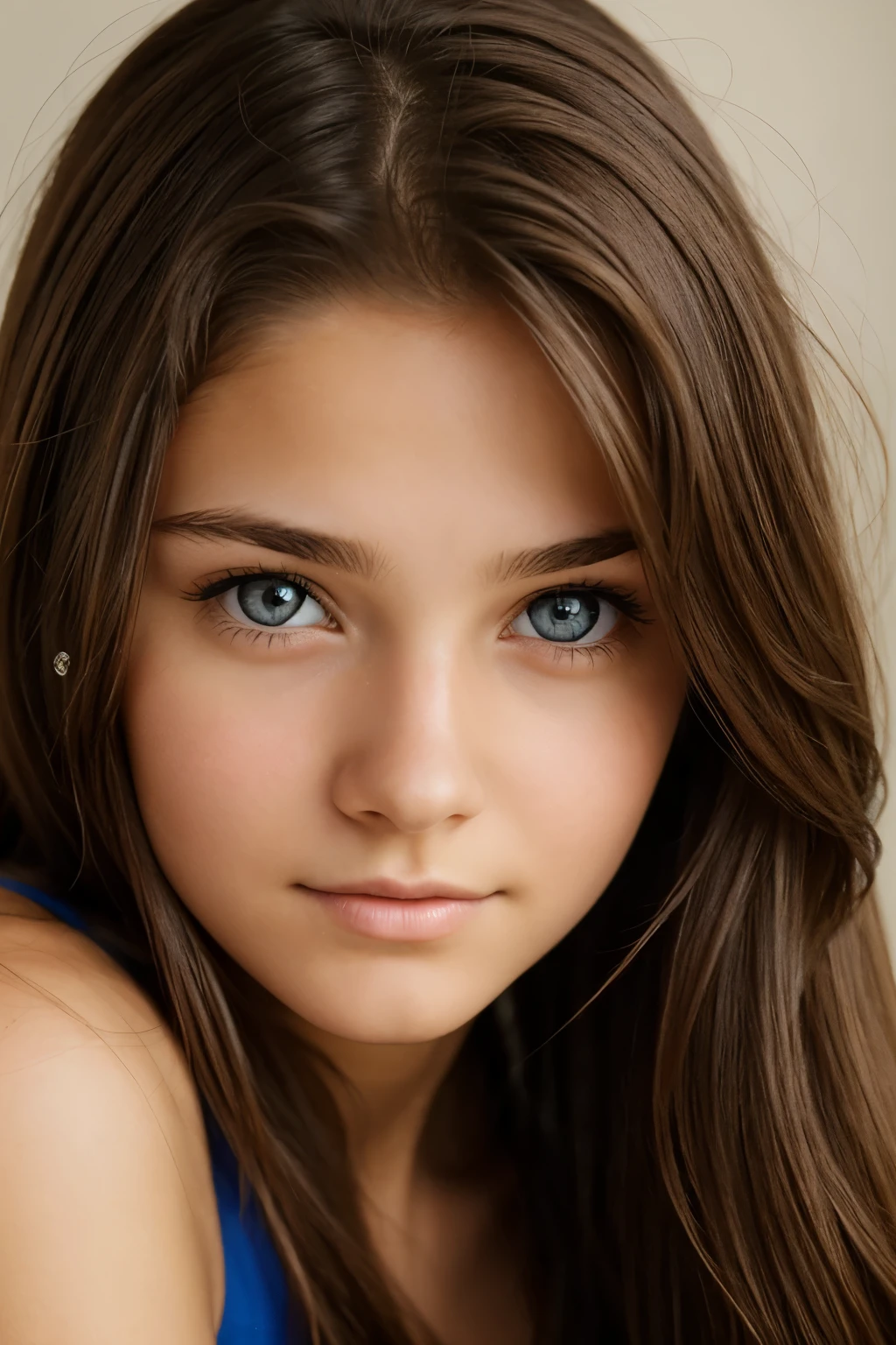 head shot of a beautiful 15 year old girl, long brown hair, beautiful eyes