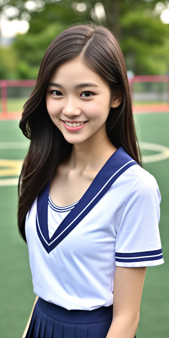 Neat female college student, , (school uniform, summer clothes, short sleeve), outside the playground, (slim), realistic, detailed, skin texture, ultra detailed, delicate sexy clavicle, smile, super detaileded face, detaileded lips, detaileded eyes, small breasts,flat chest, thin waist