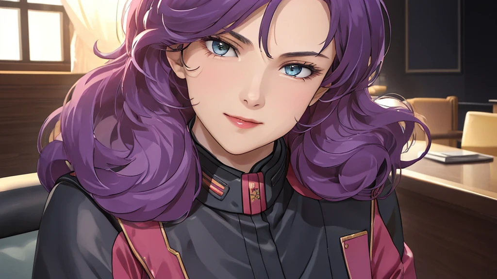 red,Pink military uniform,
purple hair ,blue eyes,lipstick, long hair,
1 girl, 20 years,young women,beautiful Finger,beautiful long legs,beautiful body,beautiful Nose,beautiful character design, perfect eyes, perfect Face,expressive eyes, looking at the audience, in the center of the image,(Light_Smile:0.5), official art,Extremely detailed CG unified 8k wallpaper, perfect Lighting,rich and colorful, bright_front_Face_灯Light,有Light泽的皮肤, (masterpiece:1.0),(the best_quality:1.0), 超high resolution,4K,Super detailed, photography, 8k, human development report, high resolution, ridiculous:1.2, Kodak Portrait 400, film grain, blurred background, Bokeh:1.2, 镜头Light晕, (energetic_color:1.2) (beautiful,big deal_breast:1.0), (beautiful_Face:1.5),(narrow_waist)  full body sitting position, wear, elite, velvet, deep Purple, small tie. he himself, boss, momentum, Full HD, ......International Organization for Standardization, The law office features modern design furniture, Includes armchair upholstered in black and gray leather, Chrome base tempered glass coffee table, Solid wood conference table with black leather chairs, There is also a built-in bookcase，Inside there are law books bound in brown leather. ?" 其 11 叶片圆形Light圈和 XA 镜头元件一起提供了漂亮的Bokeh效果. also, 镜头配备Light圈环，You can switch between no-click and no-click actions, a dust and moisture resistant design, and four XD linear autofocus motors，Provides fast and accurate autofocus and tracking. 这款镜头为索尼photography师提供了出色的人像拍摄工具, night view, 和一般photography."