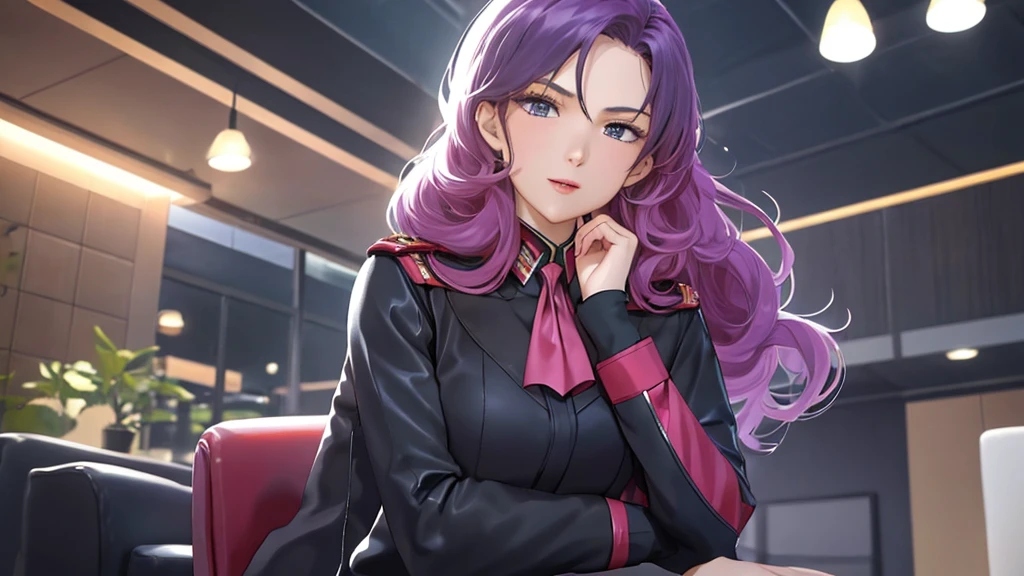 red,Pink military uniform,
purple hair ,blue eyes,lipstick, long hair,
1 girl, 20 years,young women,beautiful Finger,beautiful long legs,beautiful body,beautiful Nose,beautiful character design, perfect eyes, perfect Face,expressive eyes, looking at the audience, in the center of the image,(Light_Smile:0.5), official art,Extremely detailed CG unified 8k wallpaper, perfect Lighting,rich and colorful, bright_front_Face_灯Light,有Light泽的皮肤, (masterpiece:1.0),(the best_quality:1.0), 超high resolution,4K,Super detailed, photography, 8k, human development report, high resolution, ridiculous:1.2, Kodak Portrait 400, film grain, blurred background, Bokeh:1.2, 镜头Light晕, (energetic_color:1.2) (beautiful,big deal_breast:1.0), (beautiful_Face:1.5),(narrow_waist)  full body sitting position, wear, elite, velvet, deep Purple, small tie. he himself, boss, momentum, Full HD, ......International Organization for Standardization, The law office features modern design furniture, Includes armchair upholstered in black and gray leather, Chrome base tempered glass coffee table, Solid wood conference table with black leather chairs, There is also a built-in bookcase，Inside there are law books bound in brown leather. ?" 其 11 叶片圆形Light圈和 XA 镜头元件一起提供了漂亮的Bokeh效果. also, 镜头配备Light圈环，You can switch between no-click and no-click actions, a dust and moisture resistant design, and four XD linear autofocus motors，Provides fast and accurate autofocus and tracking. 这款镜头为索尼photography师提供了出色的人像拍摄工具, night view, 和一般photography."