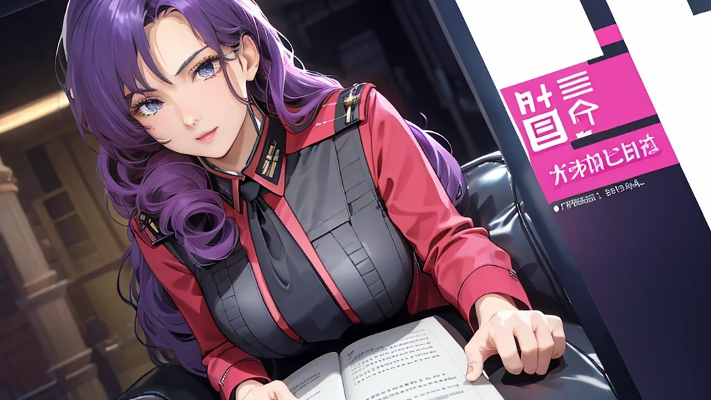 red,Pink military uniform,
purple hair ,blue eyes,lipstick, long hair,
1 girl, 20 years,young women,beautiful Finger,beautiful long legs,beautiful body,beautiful Nose,beautiful character design, perfect eyes, perfect Face,expressive eyes, looking at the audience, in the center of the image,(Light_Smile:0.5), official art,Extremely detailed CG unified 8k wallpaper, perfect Lighting,rich and colorful, bright_front_Face_灯Light,有Light泽的皮肤, (masterpiece:1.0),(the best_quality:1.0), 超high resolution,4K,Super detailed, photography, 8k, human development report, high resolution, ridiculous:1.2, Kodak Portrait 400, film grain, blurred background, Bokeh:1.2, 镜头Light晕, (energetic_color:1.2) (beautiful,big deal_breast:1.0), (beautiful_Face:1.5),(narrow_waist)  full body sitting position, wear, elite, velvet, deep Purple, small tie. he himself, boss, momentum, Full HD, ......International Organization for Standardization, The law office features modern design furniture, Includes armchair upholstered in black and gray leather, Chrome base tempered glass coffee table, Solid wood conference table with black leather chairs, There is also a built-in bookcase，Inside there are law books bound in brown leather. ?" 其 11 叶片圆形Light圈和 XA 镜头元件一起提供了漂亮的Bokeh效果. also, 镜头配备Light圈环，You can switch between no-click and no-click actions, a dust and moisture resistant design, and four XD linear autofocus motors，Provides fast and accurate autofocus and tracking. 这款镜头为索尼photography师提供了出色的人像拍摄工具, night view, 和一般photography."