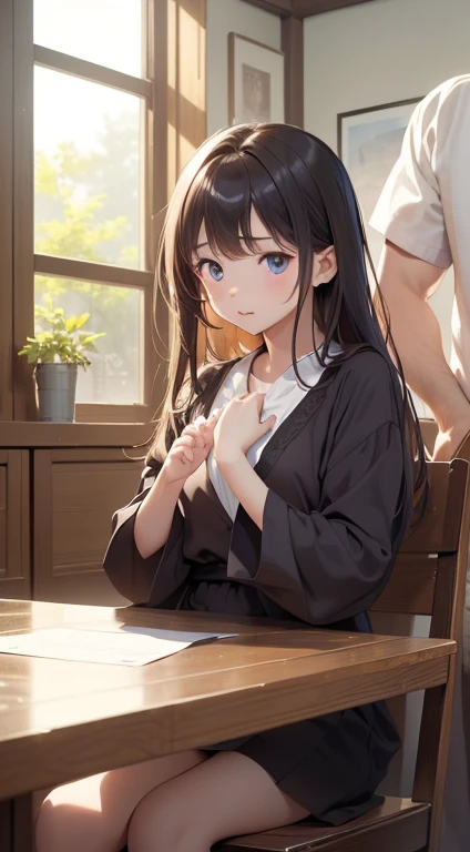 (8k、original photo、top quality、Masterpiece:1.2)、超high resolution、(actual:1.4)、original photo、 ()1 girl)、1 boy、(being touched by a man:1.5),on the table, high resolution, illustration, in style of kyoto animation, your name is style, national foundation,
