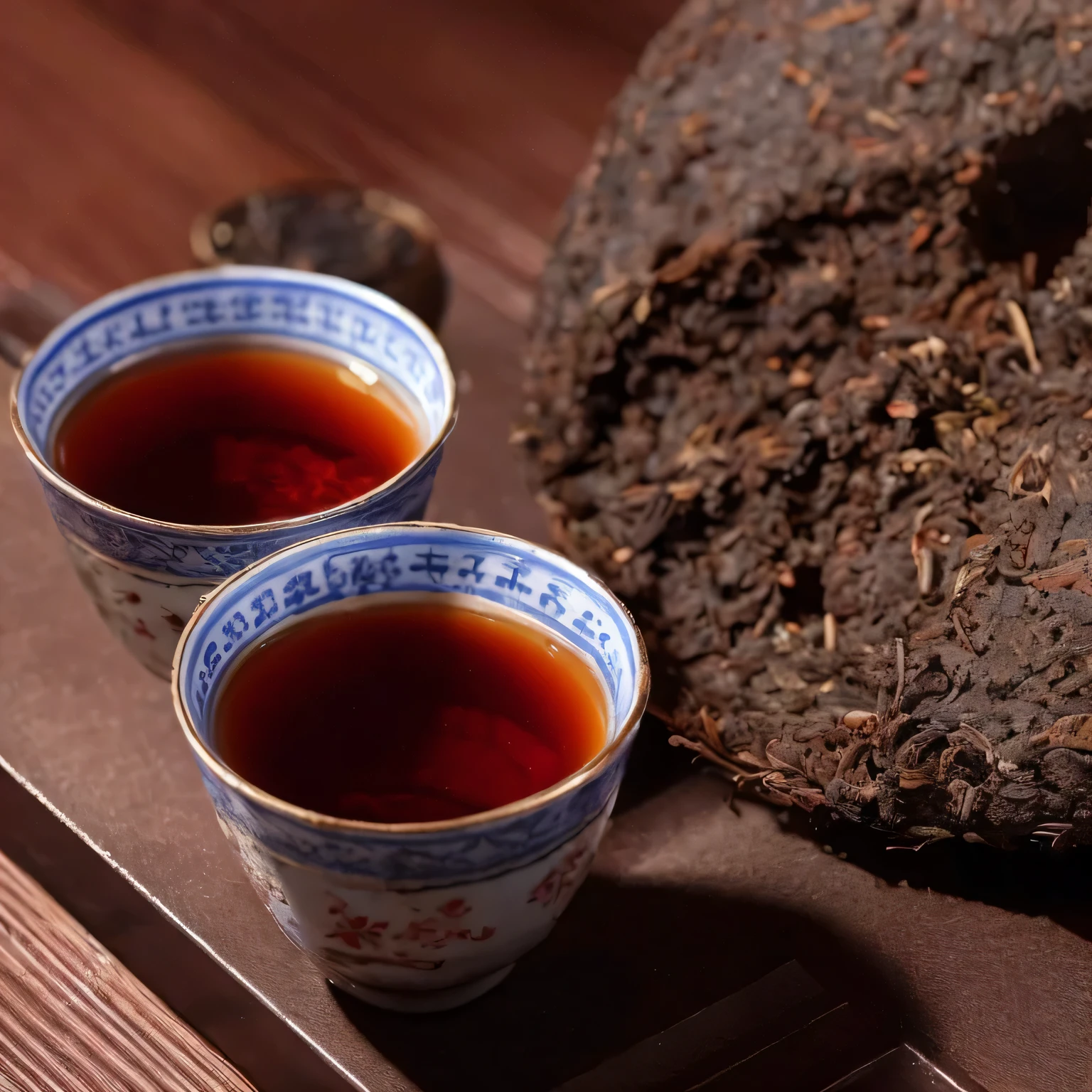 There are two cups of tea on the tray,Next to it is a piece of Pu'It's tea cake, qiangshu, Sichuan, gujian, Inspired by Cao Buxing, traditional Chinese, inspired by Cao Zhibai, daoshu, by Cheng Zhengkui, by Ni Yuanlu, by Liao Chi-chun, by Li Zai, 💣 💥