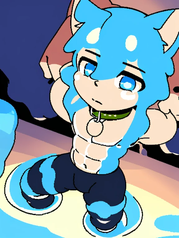 White skinned human being in handcuffs，collar，legs tied，Hands behind your back，blue eyes，steel bracelet，anklet，Swimming pants，muscle，into the slime，Blue cat ears，drizzle，（Ultra-detailed graphics），（masterpiece），（Ultra-detailed character portrayal），short hair，sfw，In prison，hanging in the air，hanging