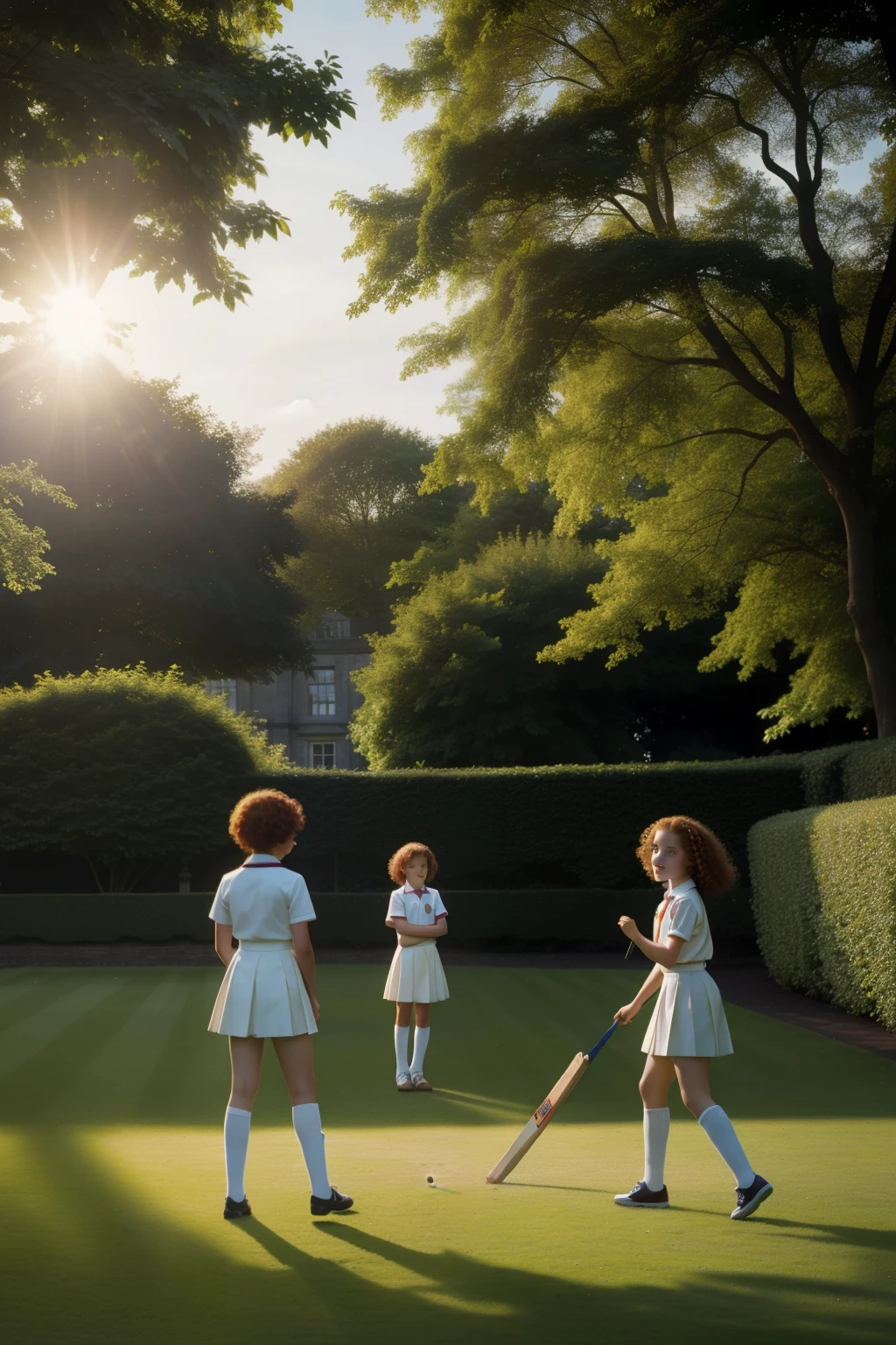 In the vibrant gardens of a stately English manor in the 1990s, a twelve-year-old white girl, with fiery red curls and a school uniform adorned with a badge, energetically orchestrates an impromptu cricket match, the sun casting long shadows across the manicured lawns.
