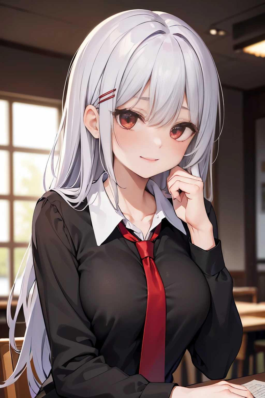 Beautiful woman in school uniform, (black_shirt, red tie), (solo:1.1), ((mature woman)), skinny, (blush), (red_eyes), detailed eyes, silver hair, (hair clips), ((hair over face, long hair strands, messy hair)), collarbone, neck details, (detailed face), (smooth:1.2), (beautiful breasts), sitting in cafe, studio lighting, high contrast, portrait, professional, HD, 8K, (absurdres:1.2), ultra-detailed, (masterpiece, best quality), bokeh, (facial details), (facepalm), (detailed fingers), smiling, red cheek, looking at viewer, (blurry_background), highly focused on face, professional photography 