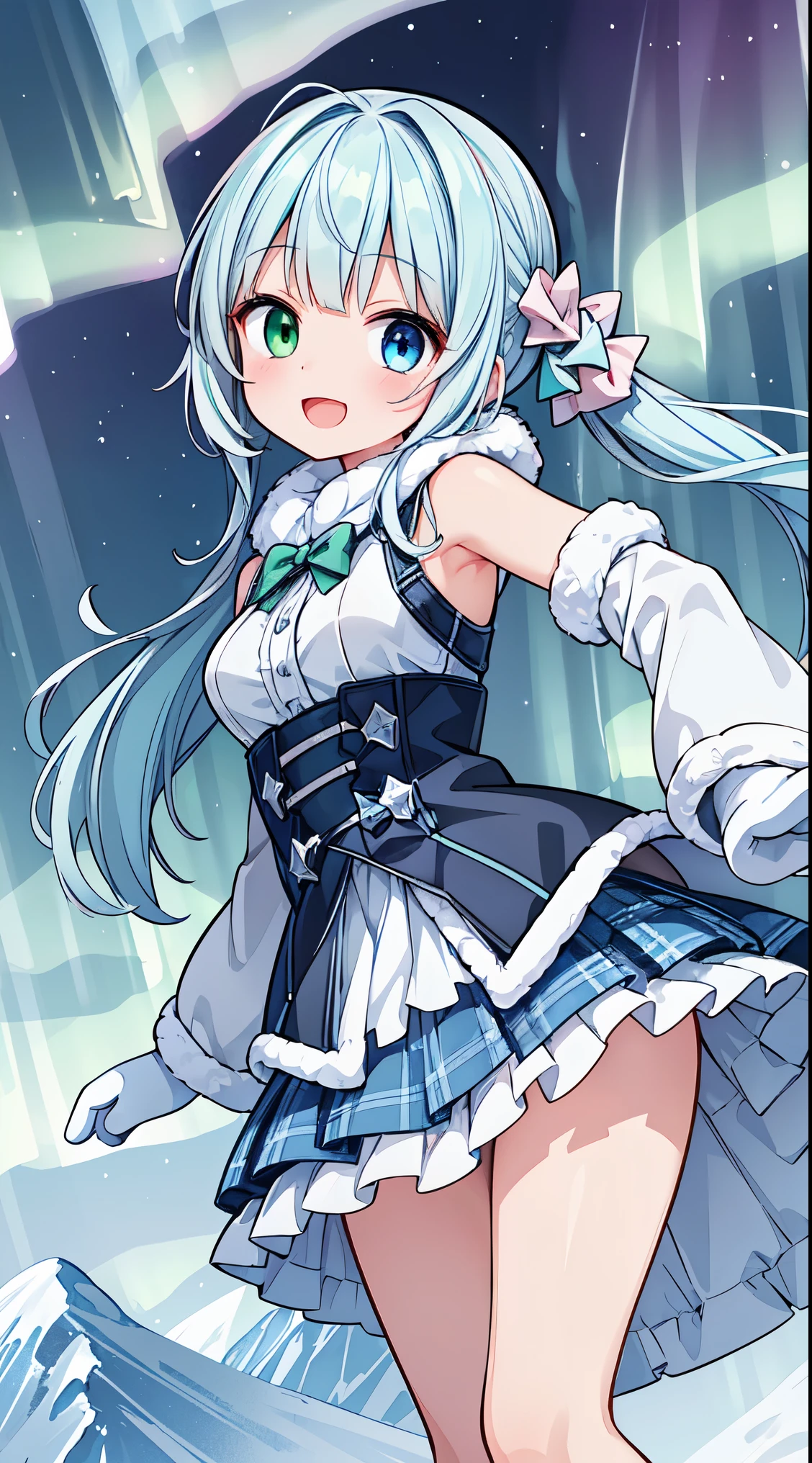 (super fine illustration:1.2),(masterpiece, 8k), (best quality, high quality:1.4), perfect anatomy, hyper detailed, ultra detailed,masterpiece background,beautiful detailed background, v8k wallpaper,perfect design,award-winning art,atmospheric, BREAK, 1 beautiful girl, ( girl),Solo,(Cute:1.5),(Chibi:0.6),(kawaii:1.5),(:0.5),BREAK,(17 years oldautiful girl,Very detailed,colourfull,highest details,Clear skin,Beautiful skin,Shy,Very detailed,colourfull,highest details,BREAK,Clear skin,Beautiful skin,Shy skin,BREAK,(Heterochromia,blue eyes,Green eyes, Eye Highlights,The first hyperfine stars:1.45),star eye silhouette ,BREAK,(pale blue hair, Medium length:1.4),(side ponytail,A little curly hair,Princess Cut, crossed bangs:1.3),(large breasts,Beautiful breasts(best quality face),(Top quality glowing eyes),(The best smile,:D:1.45), 
BREAK
(wearing winter coat with white fluffy fur, checked skirt, winter mittens:1.4),
BREAK
standing, (leaning forward:1.3), looking at viewer,
BREAK nose blush, smile, open mouth,
BREAK
(winter, snowy, ice, mountains, night:1.2), (under the aurora:1.5), (starry sky:1.3),
BREAK
(perfect anatomy, perfect arms, perfect hand, perfect finger, perfect legs:1.3)




BREAK,wakame,wakame,wakame, (from below:1.2), cowboy shot,


BREAK,(Blurry background:1.3),(absurderes, hight resolution, Super Detail Art),cel shading,Clear Color, Lonely optical effect, Beautiful pictures, Bright glow, mystic atmosphere,Mystical light particle effect,manga influence, clean line drawings, 