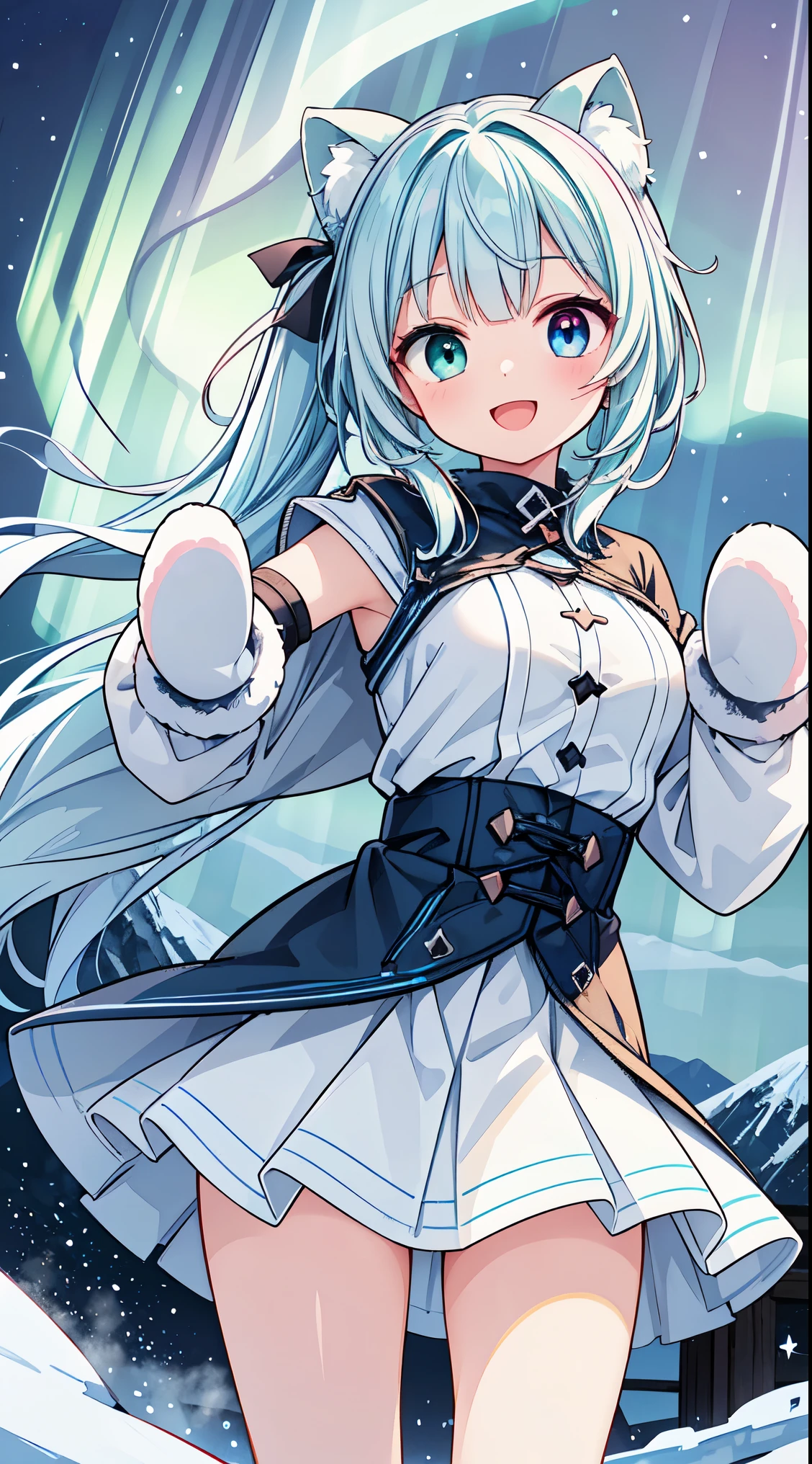 (super fine illustration:1.2),(masterpiece, 8k), (best quality, high quality:1.4), perfect anatomy, hyper detailed, ultra detailed,masterpiece background,beautiful detailed background, v8k wallpaper,perfect design,award-winning art,atmospheric, BREAK, 1 beautiful girl, (17 years old girl),Solo,(Cute:1.5),(Chibi:0.6),(kawaii:1.5),(:0.5),BREAK,(17 years old girl), 1 beautiful girl,Very detailed,colourfull,highest details,Clear skin,Beautiful skin,Shy,Very detailed,colourfull,highest details,BREAK,Clear skin,Beautiful skin,Shy skin,BREAK,(Heterochromia,blue eyes,Green eyes, Eye Highlights,The first hyperfine stars:1.45),star eye silhouette ,BREAK,(pale blue hair, Medium length:1.4),(side ponytail,A little curly hair,Princess Cut, crossed bangs:1.3),(large breasts,Beautiful breasts(best quality face),(Top quality glowing eyes),(The best smile,:D:1.45),
BREAK
(wearing winter coat with white fluffy fur, checked skirt, winter mittens:1.4),
BREAK
standing, (leaning forward:1.3), looking at viewer,
BREAK nose blush, smile, open mouth,
BREAK
(winter, snowy, ice, mountains, night:1.2), (under the aurora:1.5), (starry sky:1.3),
BREAK
(perfect anatomy, perfect arms, perfect hand, perfect finger, perfect legs:1.3)
BREAK,wakame,wakame,wakame, (from below:1.2), cowboy shot,
BREAK,(Blurry background:1.3),(absurderes, hight resolution, Super Detail Art),cel shading,Clear Color, Lonely optical effect, Beautiful pictures, Bright glow, mystic atmosphere,Mystical light particle effect,manga influence, clean line drawings,