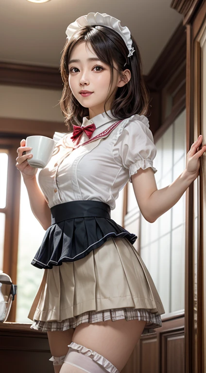 (1 young girl), brown hair, amazing face and eyes, pink eyes, charming smile, (Ruffled maid coffee outfit, pleated mini skirt:1.5), (Maid cafe costumes open:1.2), Bare chest, (very beautiful girl), brown hair, fashionable hair accessories, (best quality:1.4), (Super detailed), (Extremely detailed CG unified 8k wallpaper), Very detailed, HD original color photos, Professional photography, depth of field, (view from below),