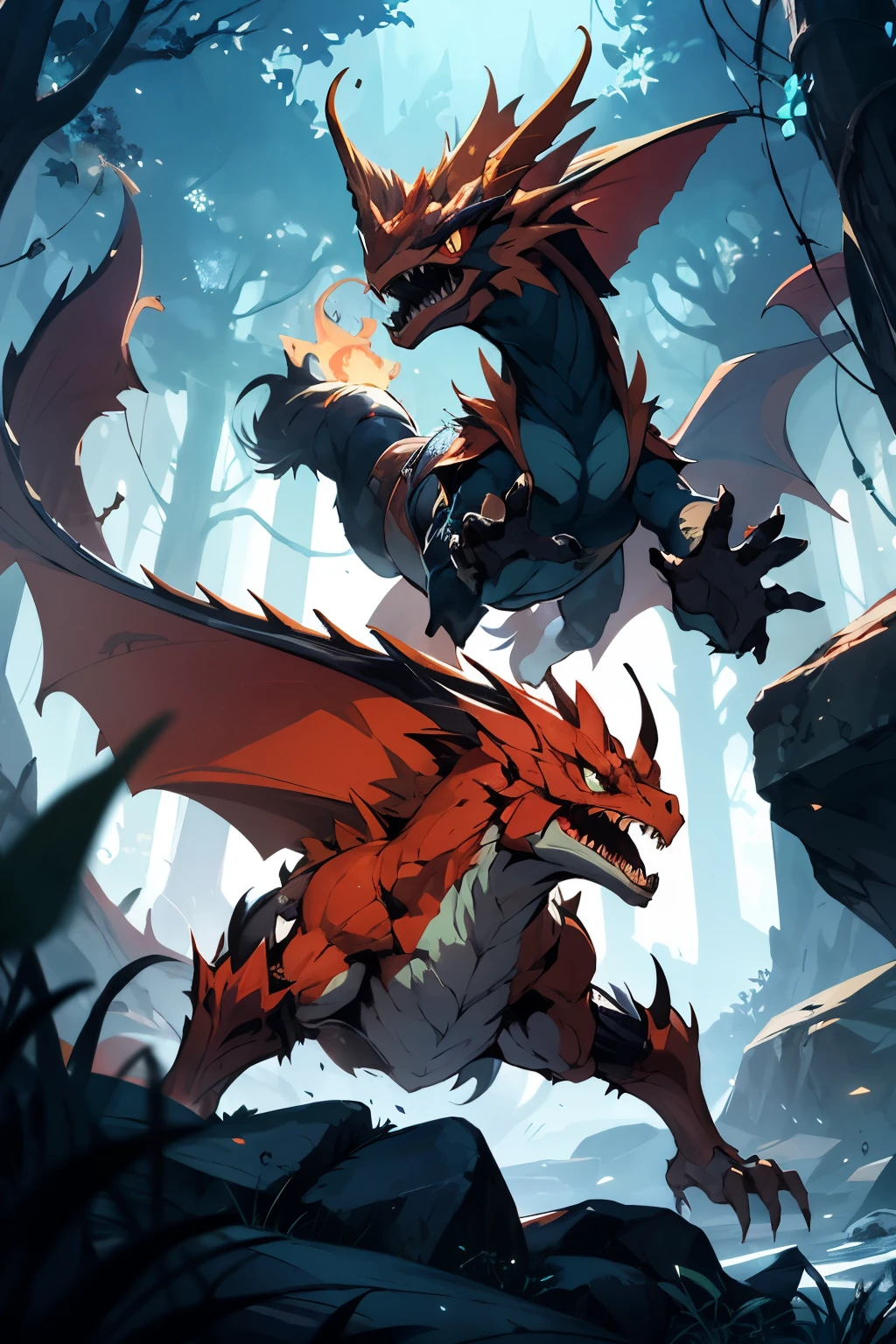 Warrior charmeleon in action position , Tyler Edlin Arte de fantasia, Estilo de arte Humblewood, High Fantasy Illustration, guerreiro , Surpreendentemente detalhado D & D arte