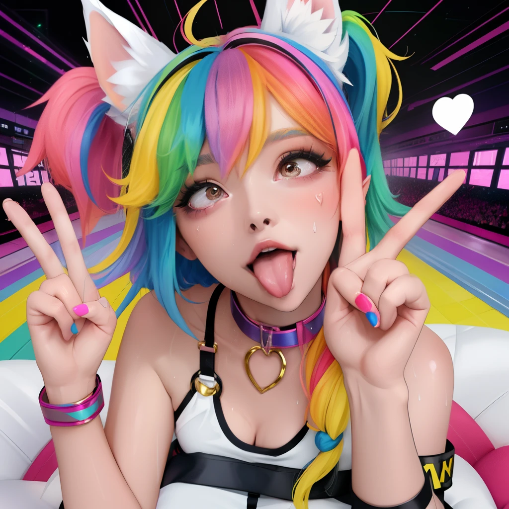 woman in dog ears, rainbow hair, sweating, full body view, dog collar, peace, sign, tongue out, living room, sitting, looking up