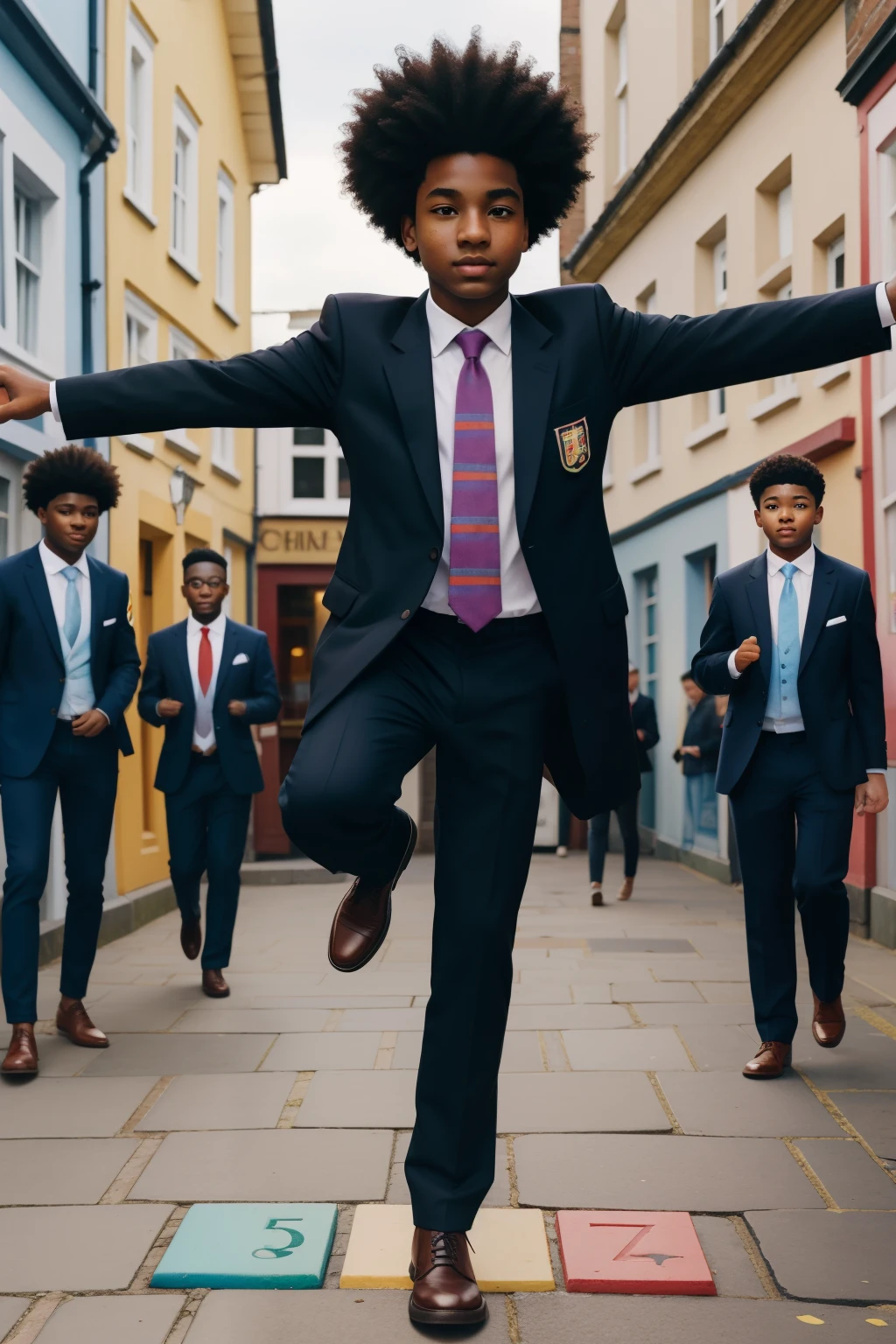 Along the cobbled streets of an English market town in the 2000s, a fourteen-year-old black boy, with a neatly combed afro and a blazer adorned with house colors, confidently leads a group of friends in an animated game of hopscotch, the charming shops forming a colorful backdrop.