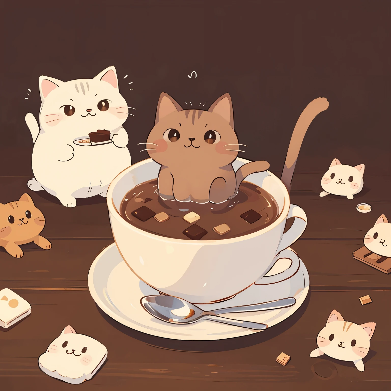 chocolate colored cat，Holding a cup of milk tea，Style reference Miyazaki Hayao lively and cute，non-human，animal