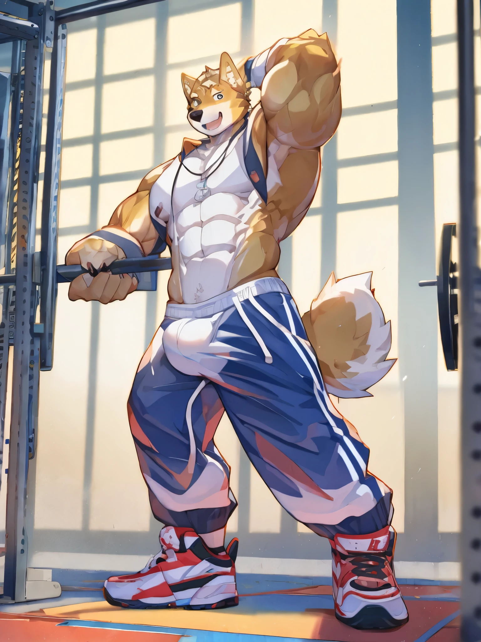 Ultra-clear,A Shiba Inu Fury wearing a see-through Nike tracksuit,in the gym,muscle strong,translucent white bulge,Confident laughter,soft light,Standing and looking straight up, you can see your whole body,nike socks,strong muscle,Dirty socks thrown on the floor,Hot gas